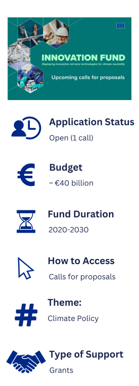 Information about the Innovation Fund. Application Status: Closed. Budget: ~EU40 billion. Fund Duration: 2020-2030. How to Access: Calls for proposals. Theme: Climate Policy. Type of Support: Grants.