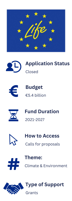 Quick facts about the LIFE Programme. Application Status: Closed. Budget: EU 5.4 billion. Fund Duration: 2021-2027. How to Access: Calls for proposals. Theme: Climate & Environment. Type of Support: Grants