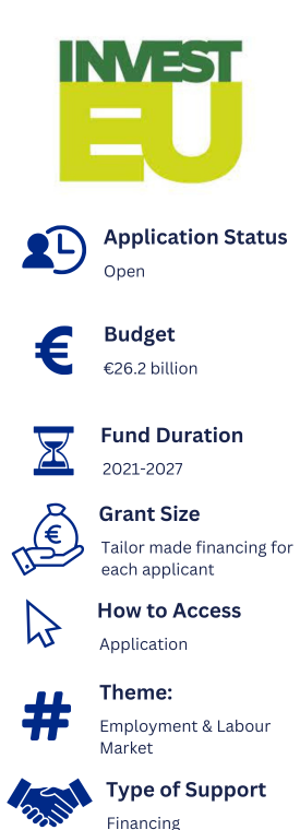 Information about Invest EU. Application Status: Open. Budget: EU26.2 billion. Fund Duration: 2021-2027. Grant Size: Tailor made financing for each applicant. How to Access: Application. Theme: Employment & Labout Market. Type of Support: Financing.