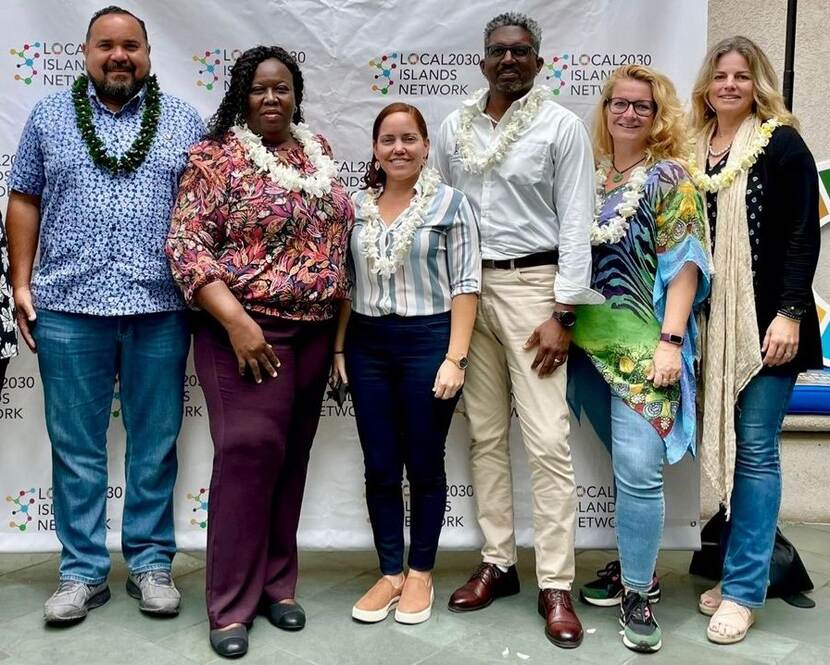 Special Envoy Edison Rijna, Deputy of St. Eustatius Arlene Spanner, Director of the Saba Tourist Bureau Malinda Hassel, Political Advisor to St. Eustatius Maldwyn Timber, Senior Advisor to the Special Envoy and member of the steering committee of Local2030 Islands Network Bianca Peters, and co-lead of the Local2030 Islands Network Celeste Conners.