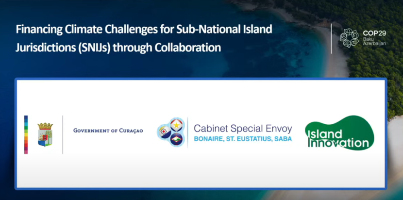 Presentation about Climate Challens for Sub-National Islands Jurisdictions (SNIJs) through Collaboration. Supported by the Government of Curacao, Cabinet Special Envoy for Bonaire, St. Eustatius, and Saba, and Island Innovation.
